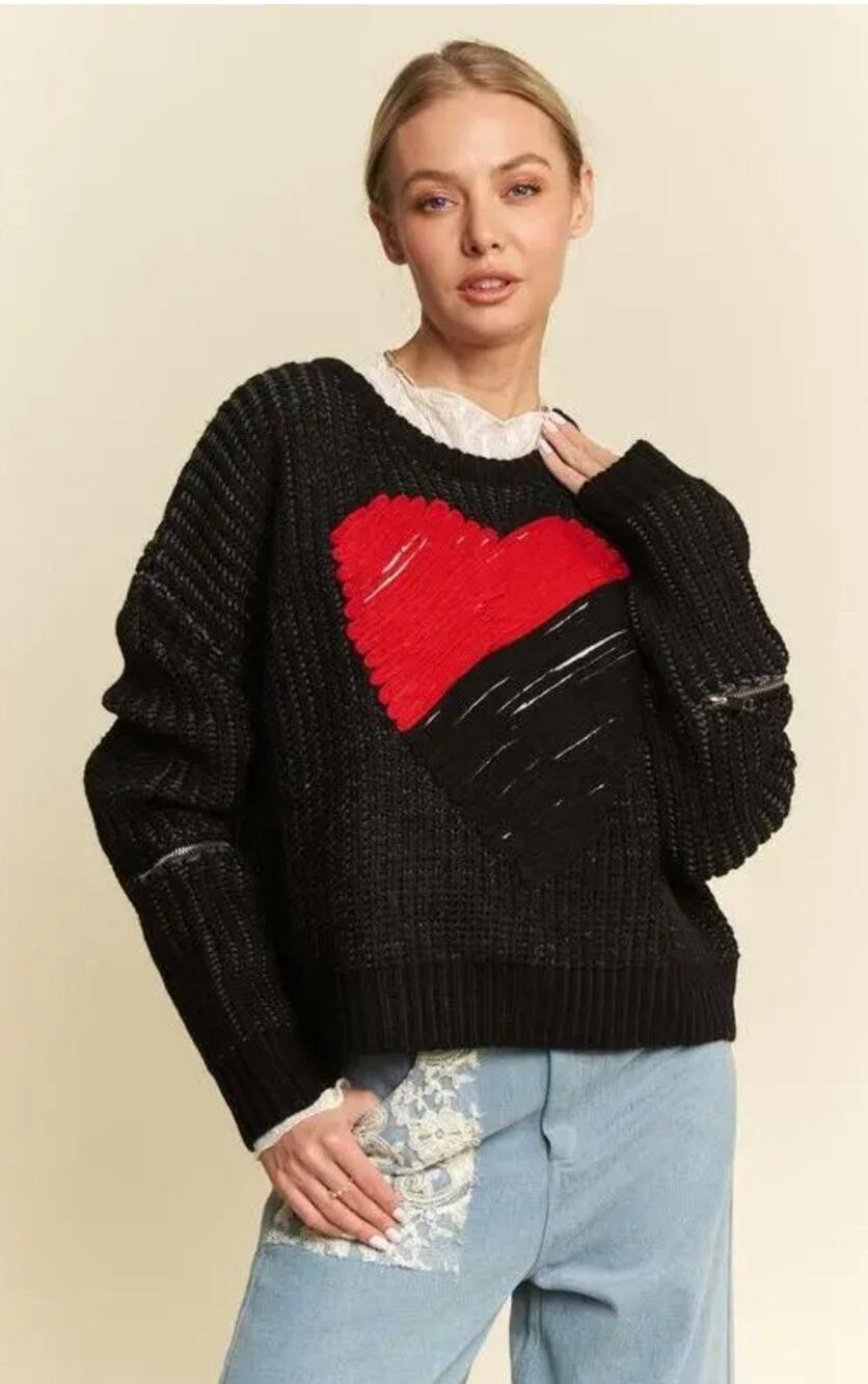 NWT Davi & Dani Contrast Heart Texture Round Neck Dropped Shoulder Sweater Large